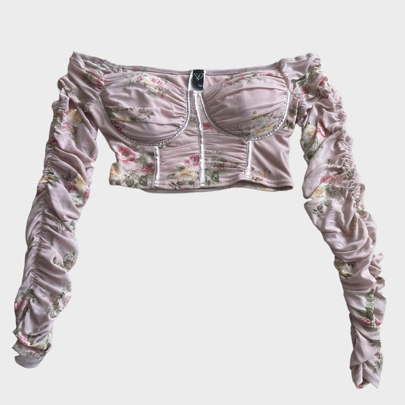 Windsor Tops - Windsor Pink Floral Padded Cropped Long Sleeve Off the Shoulder Top